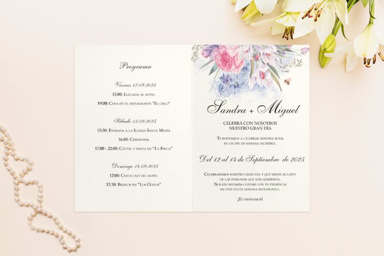 Invitaciones de boda con acuarela y flores rosas y lilas Maria Happy