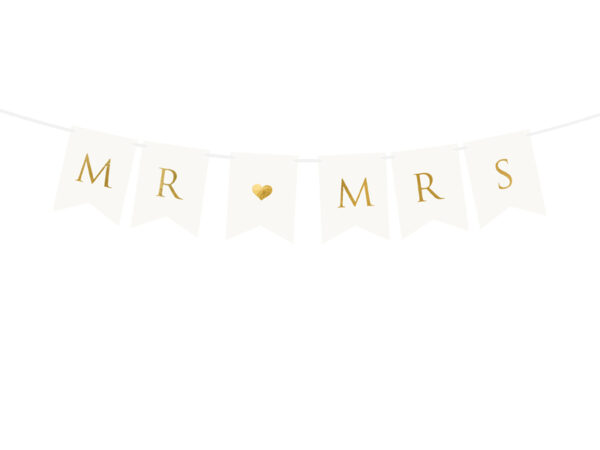 Decoración de Boda Banderines para Boda Color Blanco con Letras Doradas: "Mr, Mrs"