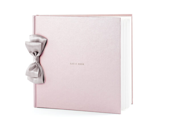 Decoración de Bodas Libro de Firmas Color Rosa Claro con Lazo de Raso y Letras "Guest Book" en Platino