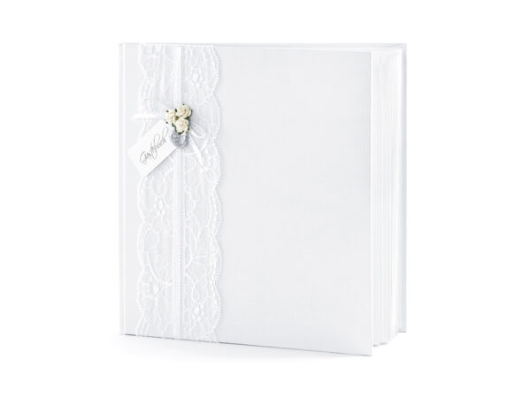 Decoración Baby Shower Libro de Firmas Color Blanco con Cinta de Encaje, Rosas Blancas, Corazón y Tarjeta