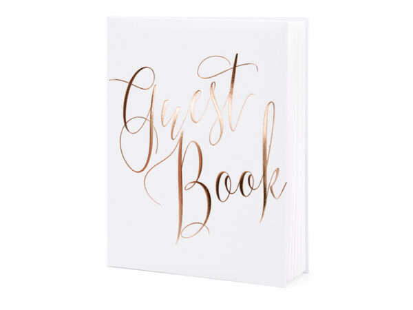 Decoración de Bodas Libro de Firmas Color Blanco y Letras Rosa Dorado "Guest Book"