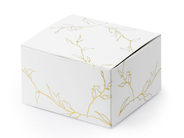 Bolsas y Cajas Caja de Cartón Cuadrada Color Blanco con Ramas Doradas: 10 Unidades