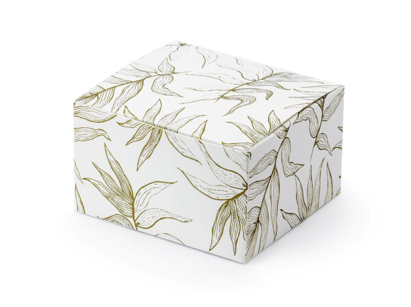 Bolsas y Cajas Caja de Cartón Cuadrada Color Blanco con Hojas Doradas: 10 Unidades