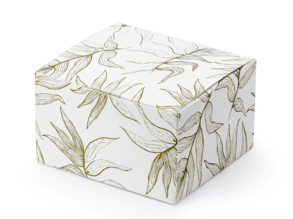 Bolsas y Cajas Caja de Cartón Cuadrada Color Blanco con Hojas Doradas: 10 Unidades