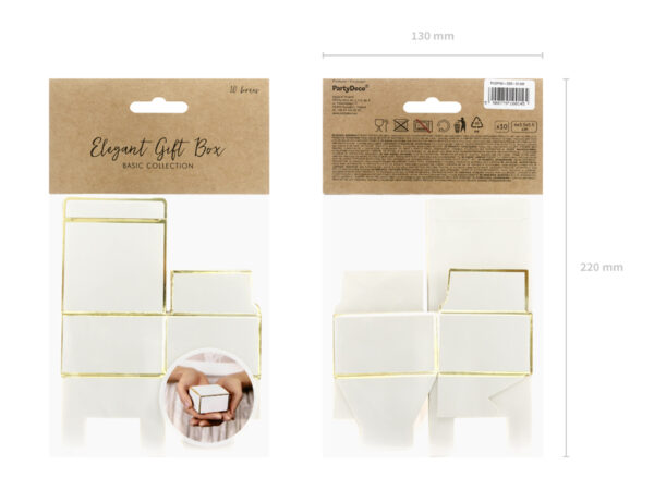 Bolsas y Cajas Caja de Cartón Cuadrada Color Blanco y Bordes Dorados: 10 Unidades