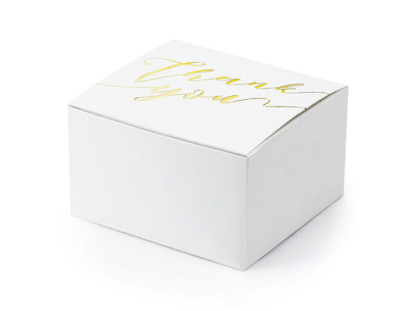 Bolsas y Cajas Caja de Agradecimiento Cartón Cuadrada Color Blanco "Thank You" Dorado: 10 Unidades