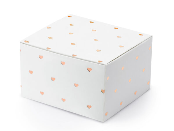 Bolsas y Cajas Caja de Cartón Cuadrada Color Blanco y Corazones Oro Rosa: 10 Unidades