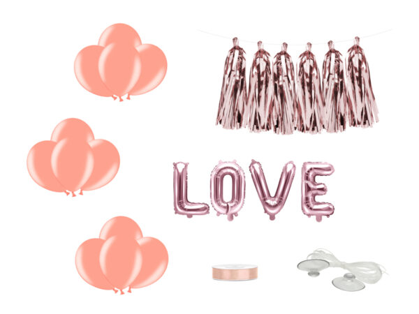Decoración Coche Boda Kit para Coche de Novios Color Oro Rosa: Globos Boda de Lámina "Love", Globos Boda y Guirnalda