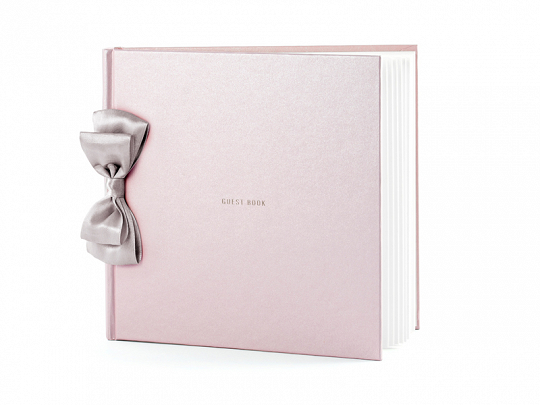 Decoración Baby Shower Libro de Firmas Color Rosa Claro con Lazo de Raso y Letras "Guest Book" en Platino