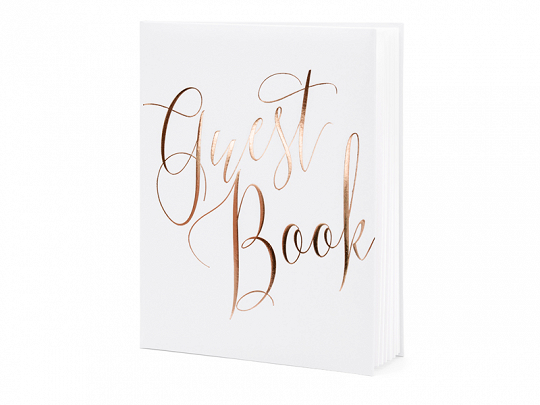 Decoración de Bodas Libro de Firmas Color Blanco y Letras Rosa Dorado "Guest Book"