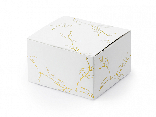 Bolsas y Cajas Caja de Cartón Cuadrada Color Blanco con Ramas Doradas: 10 Unidades