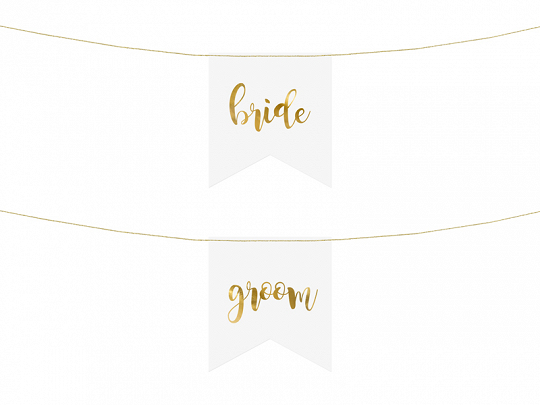 Carteles de Boda Banderines para Sillas de Boda Color Blanco con Letras de Oro Metálico: "Bride, Groom"