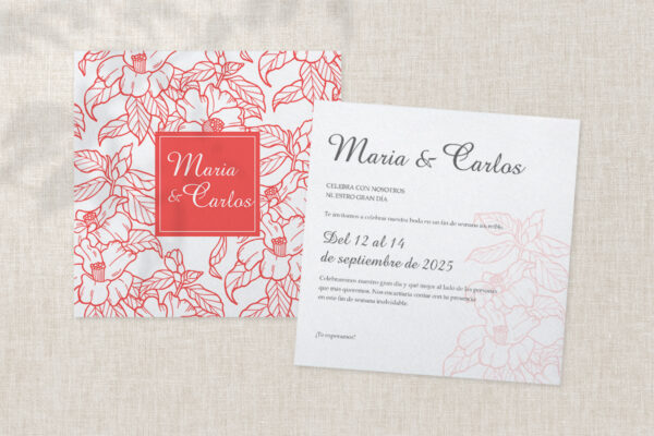 Invitaciones de boda moderno con fondo blanco y siluetas de flores rojas  Elisa Star